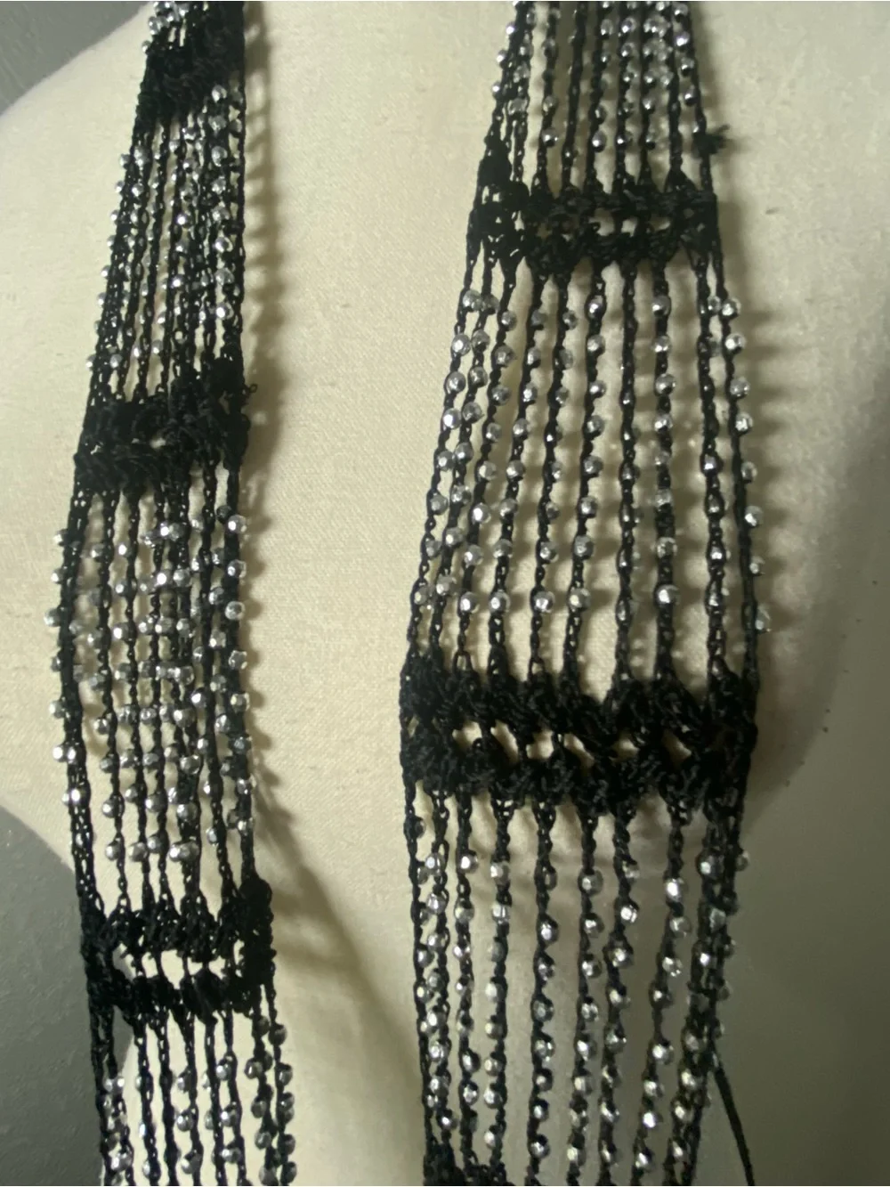 Y2K Black & Silver Beaded Crochet Fringe Skinny Scarf - Picture 4 of 5